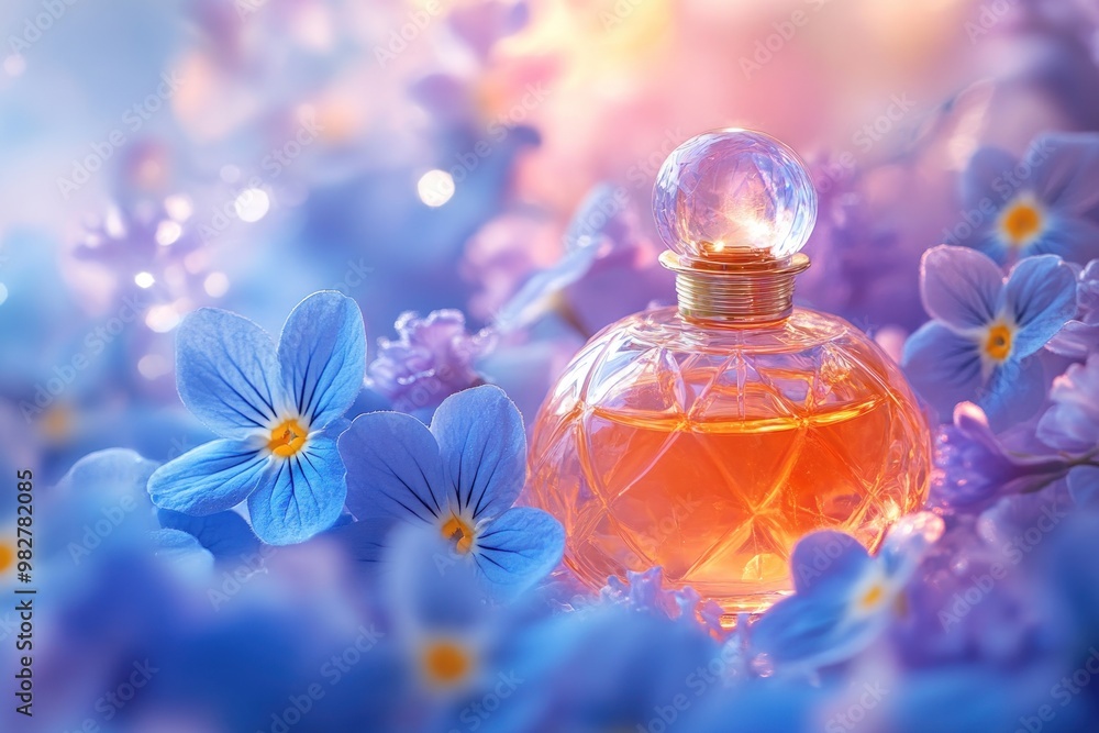 A glass bottle of perfume sits on a bed of blue flowers in a soft, dreamy light. A glass bottle of perfume sits on a bed of blue flowers in a soft, dreamy light.