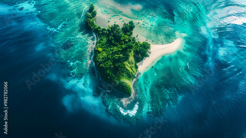 Fototapeta Naklejka Na Ścianę i Meble -  top view of beautiful tropical island with dense trees, with white sand beach and clear blue waters. concept of vacation with family. 4K Island Wallpaper