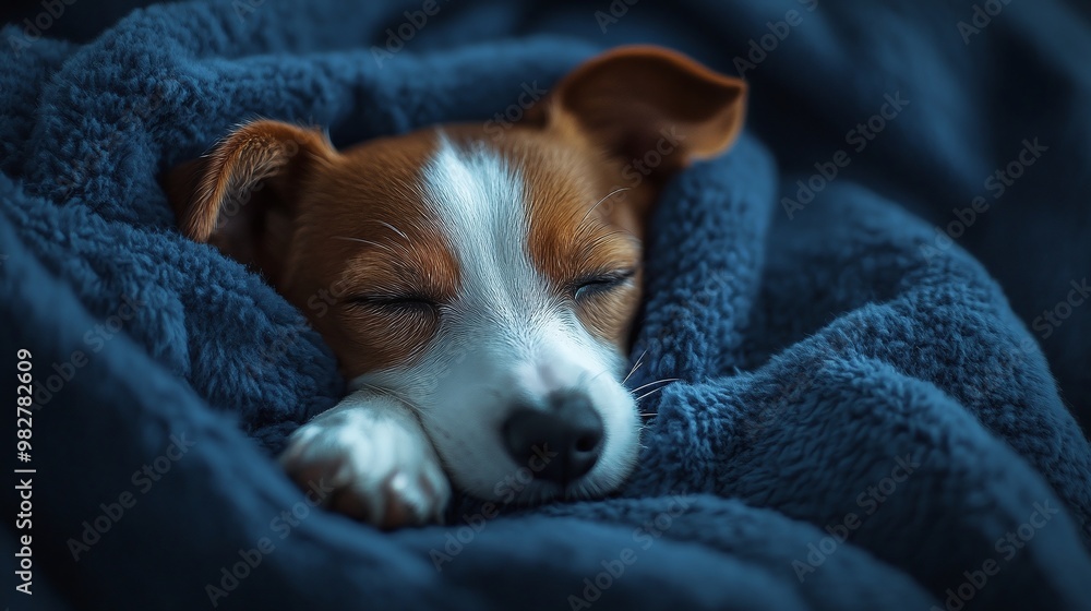 harmony and comfort as a brown and white dog snuggles on a cozy midnight blue blanket, finding restful serenity in the quiet night harmony and comfort as a brown and white dog snuggles on a cozy midnight blue blanket, finding restful serenity in the quiet night