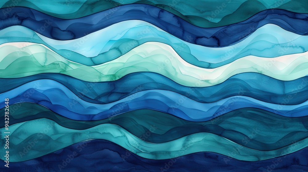 Ocean Serenity, deep blue and green watercolor waves blend seamlessly, creating a tranquil and abstract representation of oceanic beauty and calmness. Ocean Serenity, deep blue and green watercolor waves blend seamlessly, creating a tranquil and abstract representation of oceanic beauty and calmness.