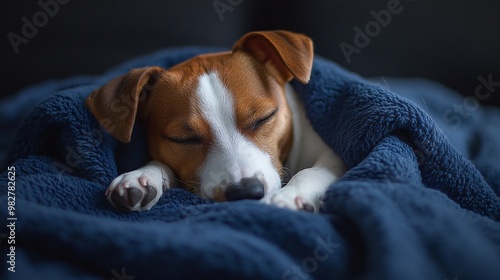 a brown and white dog finds tranquility on a soft midnight blue blanket enjoying calm and comfort in a peaceful night setting