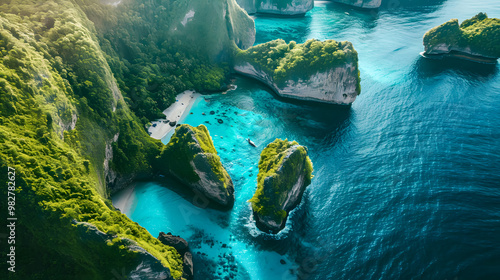 Fototapeta Naklejka Na Ścianę i Meble -  top view of beautiful tropical island with dense trees, with white sand beach and clear blue waters. concept of vacation with family. 4K Island Wallpaper