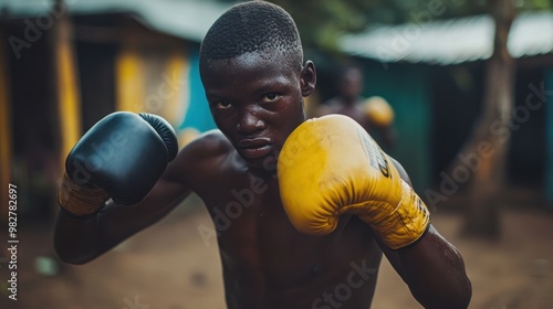 Men's boxing in rural areas, capturing the raw energy of training in open fields or small community gyms