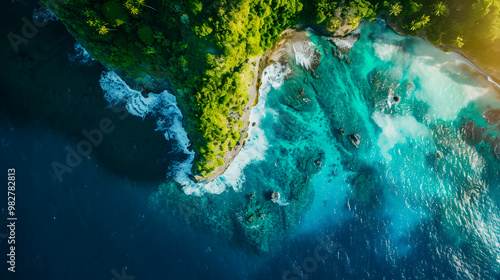 Fototapeta Naklejka Na Ścianę i Meble -  top view of beautiful tropical island with dense trees, with white sand beach and clear blue waters. concept of holiday with family. 4K Island Wallpaper