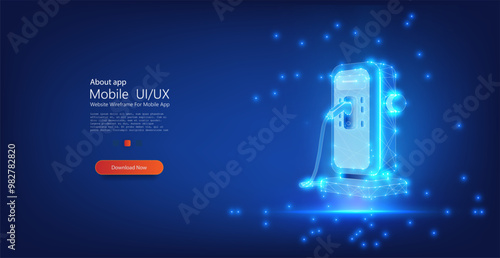 Glowing digital wireframe of an electric vehicle charging station, symbolizing clean energy, electric mobility, and the future of transportation. Sustainable technology, EV charging