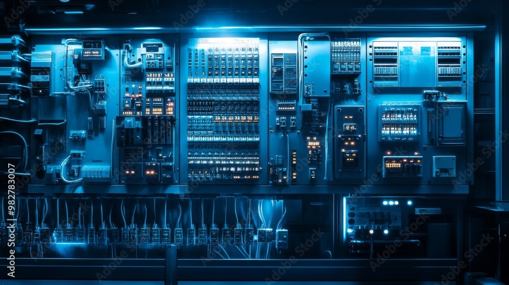 The intricate electrical control panel glows under blue lighting, showcasing numerous switches, wires, and power boards in a modern industrial setting The intricate electrical control panel glows under blue lighting, showcasing numerous switches, wires, and power boards in a modern industrial setting