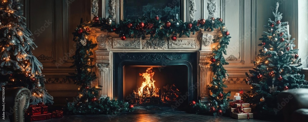 Cozy Christmas interior featuring a decorated fireplace, holiday trees, and festive decor, creating a warm and inviting atmosphere. Cozy Christmas interior featuring a decorated fireplace, holiday trees, and festive decor, creating a warm and inviting atmosphere.