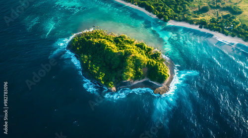 Fototapeta Naklejka Na Ścianę i Meble -  top view of beautiful tropical island with dense trees, with white sand beach and clear blue waters. concept of holiday with family. 4K Island Wallpaper