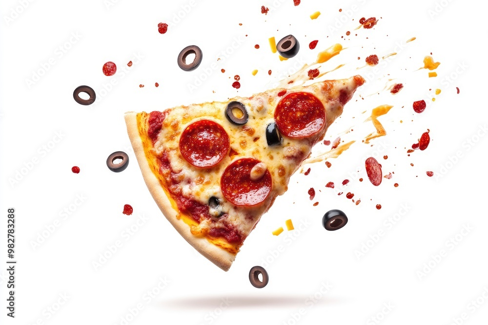 Pizza slice flying, isolated on white background. Delicious peperoni pizza slices pepperonis and olives, with melting cheese, ai Pizza slice flying, isolated on white background. Delicious peperoni pizza slices pepperonis and olives, with melting cheese, ai