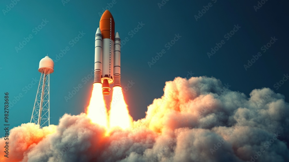 A rocket launching into the sky, surrounded by clouds and flames. A rocket launching into the sky, surrounded by clouds and flames.