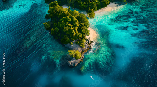 Fototapeta Naklejka Na Ścianę i Meble -  top view of beautiful tropical island with dense trees, with white sand beach and clear blue waters. concept of holiday with family. 4K Island Wallpaper
