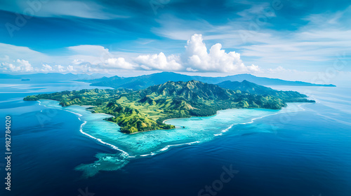Fototapeta Naklejka Na Ścianę i Meble -  top view of beautiful tropical island with dense trees, with white sand beach and clear blue waters. concept of holiday with family. 4K Island Wallpaper
