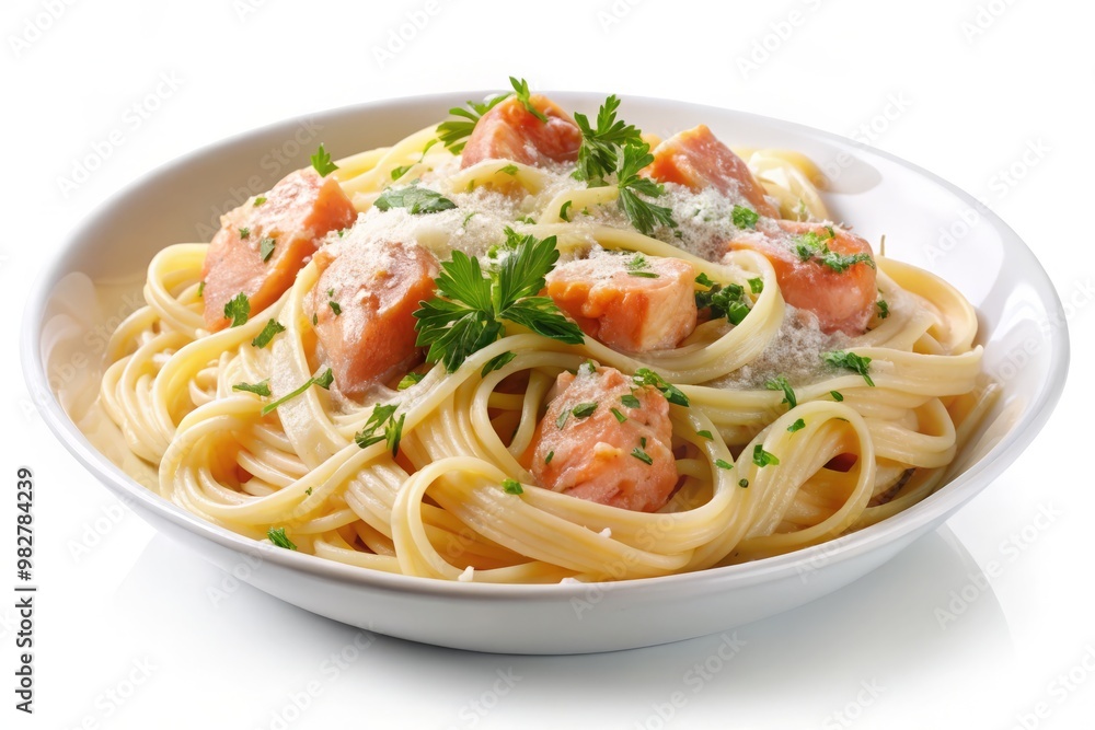 A crystal-clear vector illustration of a savory salmon pasta dish, featuring long strands of pasta swirled in a creamy sauce and topped with a generous sprinkling of freshly grated Parmesan A crystal-clear vector illustration of a savory salmon pasta dish, featuring long strands of pasta swirled in a creamy sauce and topped with a generous sprinkling of freshly grated Parmesan