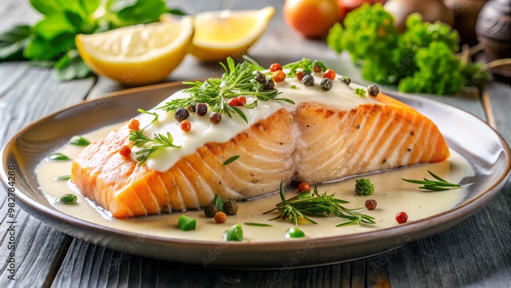 A vibrant illustration of a beautifully plated salmon fillet, sliced open to reveal a tender and juicy interior, with a sprinkle of herbs and a dollop of creamy sauce on top A vibrant illustration of a beautifully plated salmon fillet, sliced open to reveal a tender and juicy interior, with a sprinkle of herbs and a dollop of creamy sauce on top