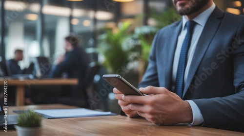 Mobile device in a professional setting, businessman using a phone during a meeting, modern office background