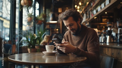 Mobile phone usage in a coffee shop, man scrolling through his phone while sipping a cup of coffee