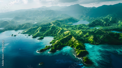 Fototapeta Naklejka Na Ścianę i Meble -  top view of beautiful tropical island with dense trees, with white sand beach and clear blue waters. concept of holiday with family. 4K Island Wallpaper
