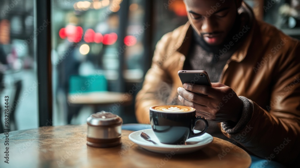 Mobile phone usage in a coffee shop, man scrolling through his phone while sipping a cup of coffee Mobile phone usage in a coffee shop, man scrolling through his phone while sipping a cup of coffee
