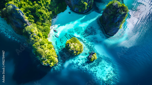 Fototapeta Naklejka Na Ścianę i Meble -  top view of beautiful tropical island with dense trees, with white sand beach and clear blue waters. concept of holiday with family. 4K Island Wallpaper