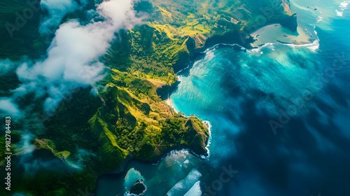 Fototapeta Naklejka Na Ścianę i Meble -  top view of beautiful tropical island with dense trees, with white sand beach and clear blue waters. concept of holiday with family. 4K Island Wallpaper