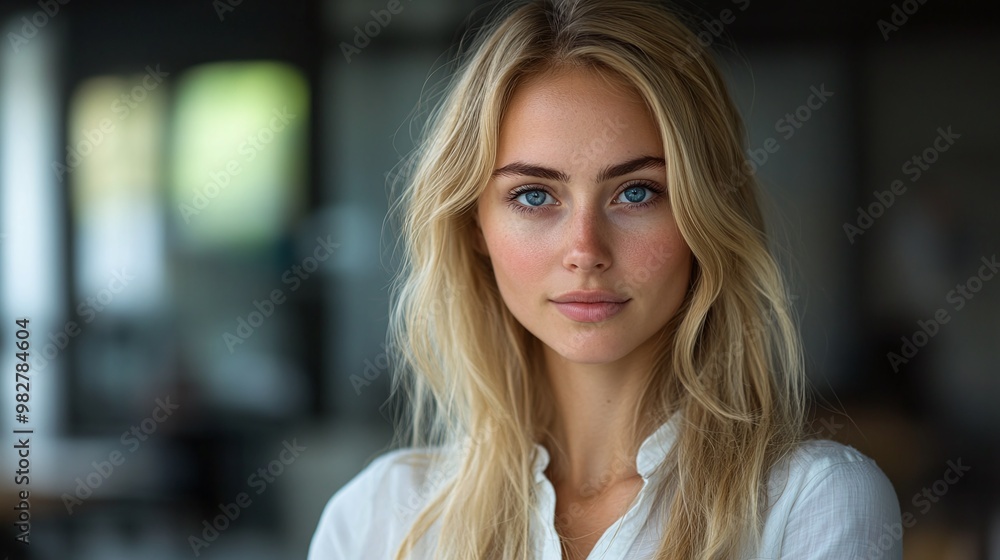 professional woman with blonde hair and blue eyes looking at the camera in a modern office environment showcasing leadership and confidence in her work role professional woman with blonde hair and blue eyes looking at the camera in a modern office environment showcasing leadership and confidence in her work role