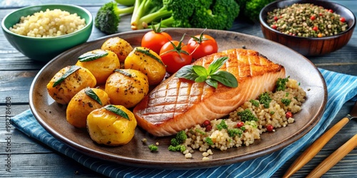 A delightful illustration of a plate of grilled salmon accompanied by a scoop of quinoa, a few roasted potatoes, and a serving of steamed vegetables, all arranged in a harmonious composition 