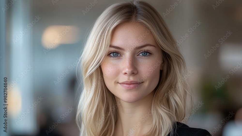 blonde woman with blue eyes in a modern office environment looking at the camera with a professional gaze and focus on her corporate career and leadership role blonde woman with blue eyes in a modern office environment looking at the camera with a professional gaze and focus on her corporate career and leadership role