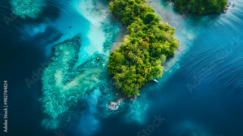 Fototapeta Naklejka Na Ścianę i Meble -  top view of beautiful tropical island with dense trees, with white sand beach and clear blue waters. concept of holiday with family. 4K Island Wallpaper