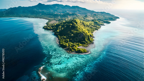 Fototapeta Naklejka Na Ścianę i Meble -  top view of beautiful tropical island with dense trees, with white sand beach and clear blue waters. concept of holiday with family. 4K Island Wallpaper