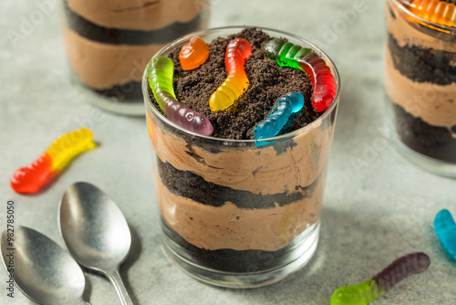 Foto Sweet Sugary Dirt Chocolate Pudding with Gummy Worms
