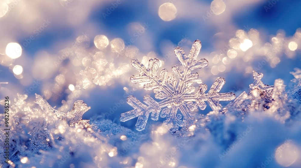 Delicate snowflake resting on soft snow, sparkling in the winter light, creating a serene and magical winter scene. Delicate snowflake resting on soft snow, sparkling in the winter light, creating a serene and magical winter scene.