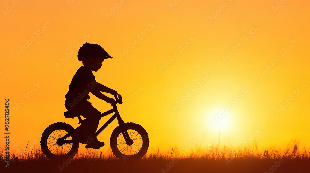Obraz premium Silhouette Balance Bike Adventure, a young boy honing his balance skills on a sleek bike, using a plowed leg technique, showcasing determination and playful exploration.
