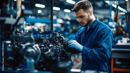 Young Engineer Working on Engine Assembly Line. Young engineer in a blue uniform working diligently on the engine assembly line, emphasizing skill and precision in manufacturing