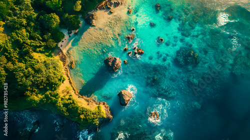 Fototapeta Naklejka Na Ścianę i Meble -  top view of beautiful tropical island with dense trees, with white sand beach and clear blue waters. concept of holiday with family. 4K Island Wallpaper