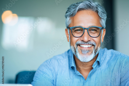 Smiling mature man with salt and pepper hair and beard wearing glasses.