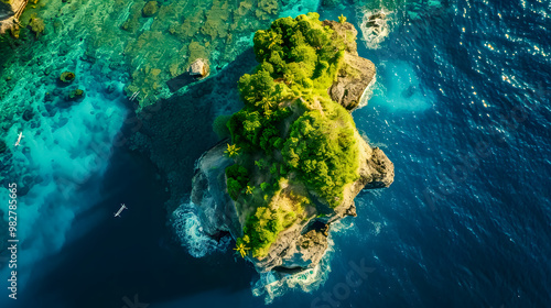 Fototapeta Naklejka Na Ścianę i Meble -  top view of beautiful tropical island with dense trees, with white sand beach and clear blue waters. concept of holiday with family. 4K Island Wallpaper