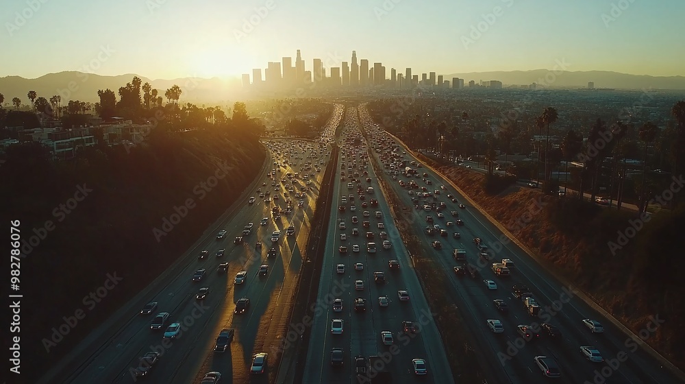 Fototapeta premium aerial view of a city with busy freeway traffic capturing the skyline roads and transportation network showcasing vehicle movement and urban congestion
