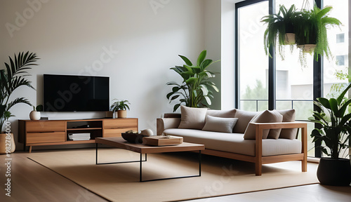 minimalist living room wooden accents plants