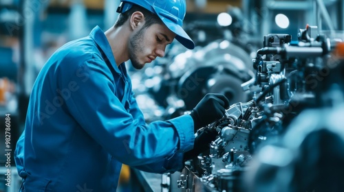 Young Engineer Working on Engine Assembly Line. Young engineer in a blue uniform working diligently on the engine assembly line, emphasizing skill and precision in manufacturing