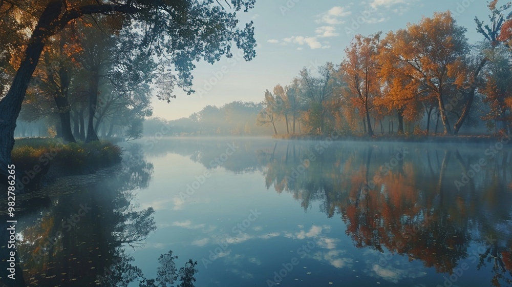 Mist-covered lake at dawn with autumn trees reflected in the water. Mist-covered lake at dawn with autumn trees reflected in the water.