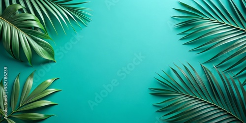 A modern and trendy design featuring palm leaves in varying sizes and shapes in a gentle, curved arrangement along the left side of a bright teal background