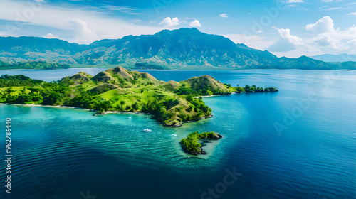 Fototapeta Naklejka Na Ścianę i Meble -  top view of beautiful tropical island with dense trees, with white sand beach and clear blue waters. concept of holiday with family. 4K Island Wallpaper