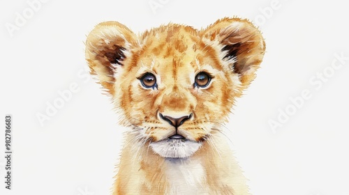 Sweet Lion Cub Illustration, charming watercolor design featuring a gentle lion cub with detailed fur texture, ideal for baby shower themes, ample copy space for text. photo