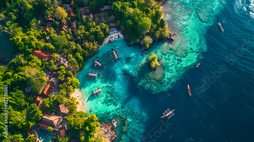 Fototapeta Naklejka Na Ścianę i Meble -  top view of beautiful tropical island with dense trees, with white sand beach and clear blue waters. concept of holiday with family. 4K Island Wallpaper