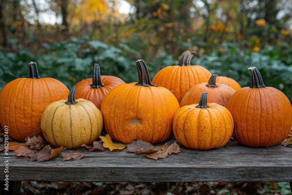A row of pumpkins of various sizes and colors on a wooden table with fallen leaves. A row of pumpkins of various sizes and colors on a wooden table with fallen leaves.