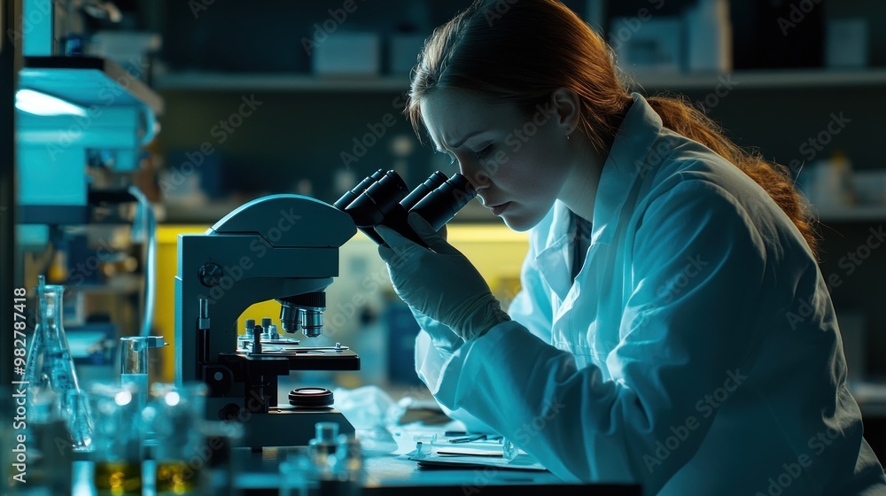A scientist examines samples under a microscope in a laboratory setting. A scientist examines samples under a microscope in a laboratory setting.