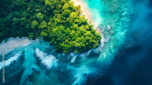 Fototapeta Naklejka Na Ścianę i Meble -  top view of beautiful tropical island with dense trees, with white sand beach and clear blue waters. concept of holiday with family. 4K Island Wallpaper