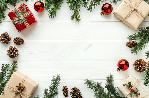 Christmas banner decoration with white wooden background and pine