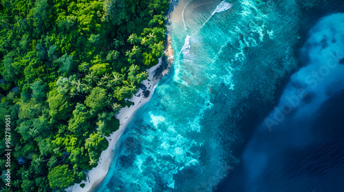 Fototapeta Naklejka Na Ścianę i Meble -  top view of beautiful tropical island with dense trees, with white sand beach and clear blue waters. concept of holiday with family. 4K Island Wallpaper