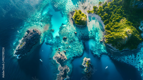 Fototapeta Naklejka Na Ścianę i Meble -  top view of beautiful tropical island with dense trees, with white sand beach and clear blue waters. concept of holiday with family. 4K Island Wallpaper